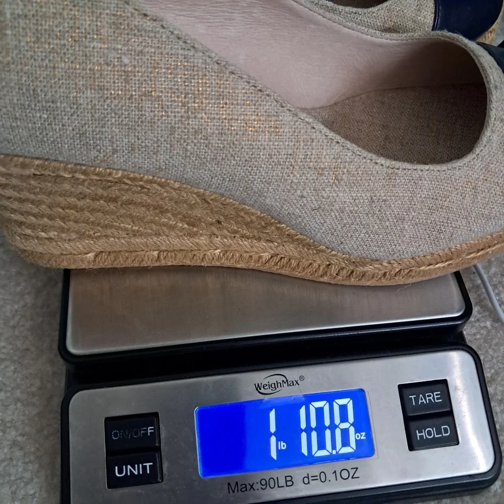 Jack Rogers Palmer Wedge Pumps Womens 10 Beige Navy Blue Cap Toe Espadrille Heel